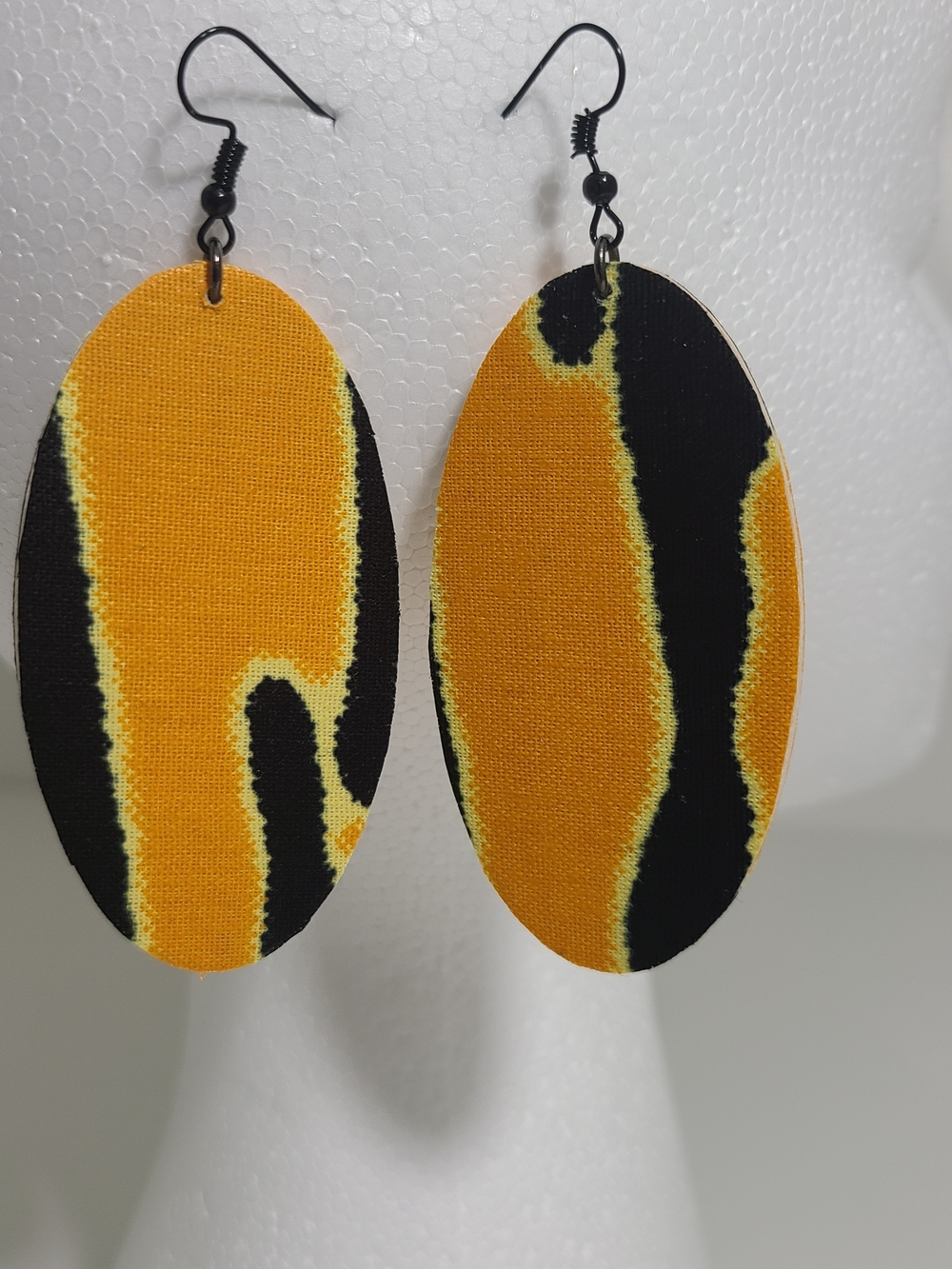 Bold Oval Fabric Drop Earrings in Mustard Yellow & Black